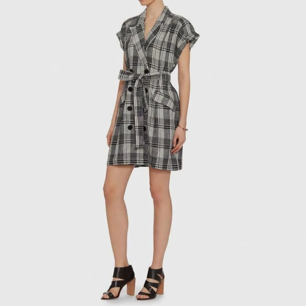 Marissa Webb Black & White Plaid Short Sleeve Double Breasted Mini‎ Dress